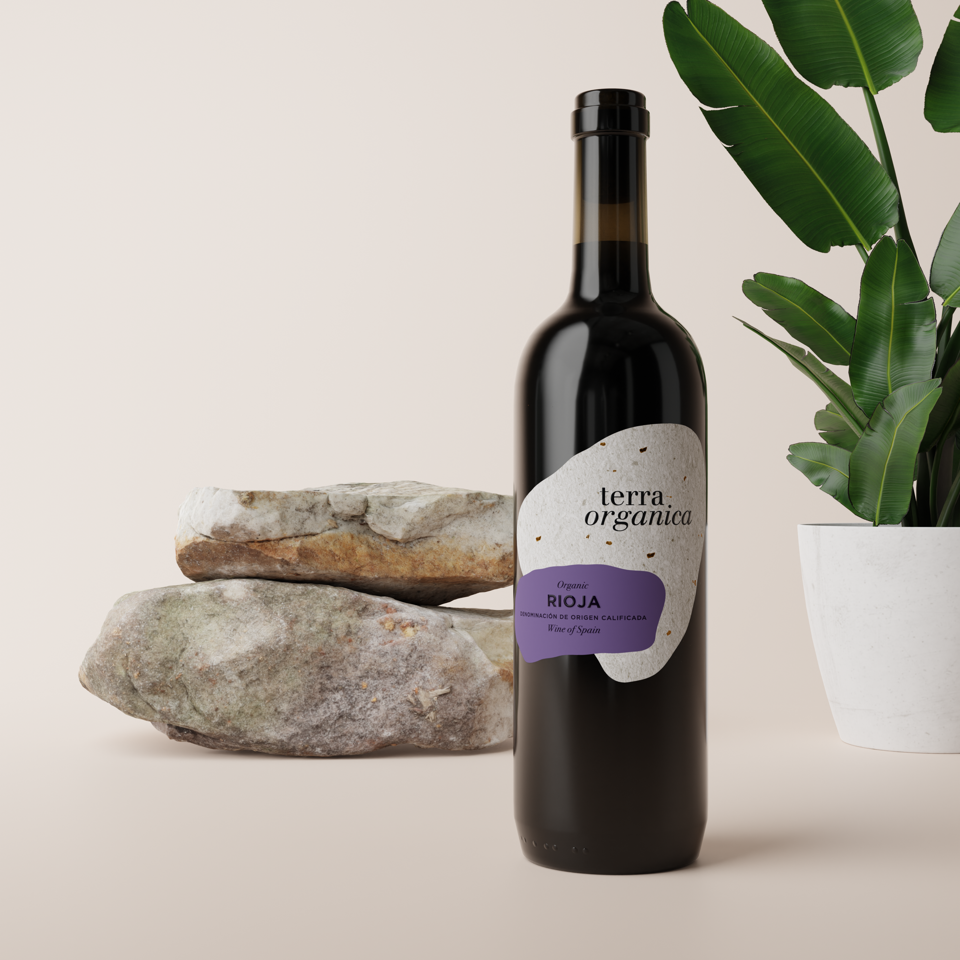 Organic Rioja red wine bottle with rocks and a plant from Terra Organica. Sustainably sourced organic wine.