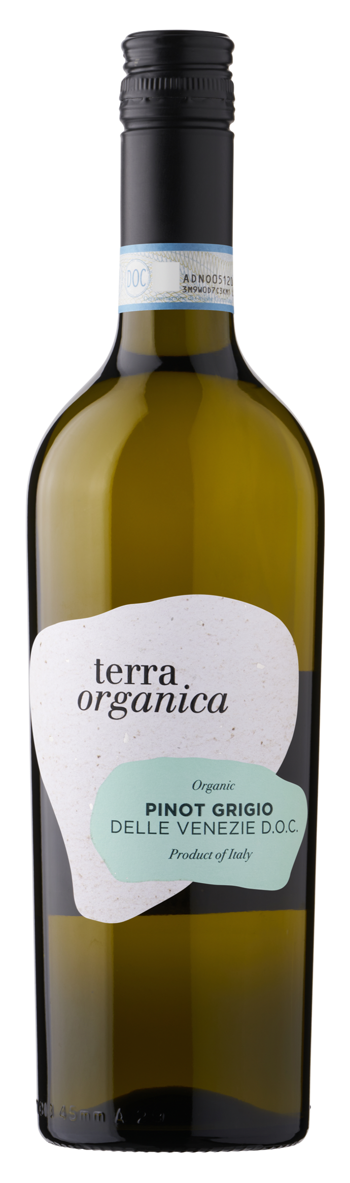 Bottle of Terra Organica Pinot Grigio wine with a label on a white background