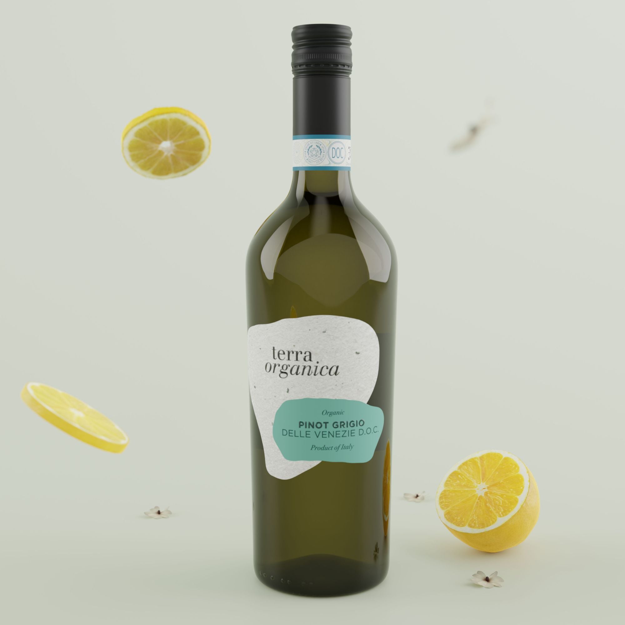 Bottle of terra organica Pinot Grigio with lemon slices on a light background